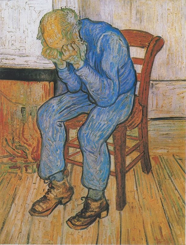 Figurative oil painting by Vincent van Gogh depicting a weary man in emotional turmoil.