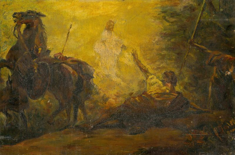Conversion Of Paul, óleo sobre tela de Árpád Feszty, retratando uma figura dinâmica em meio ao caos.
