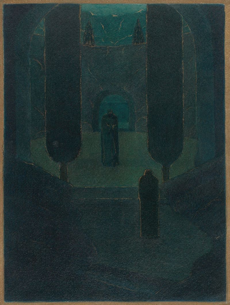 Cloaked figures in a dark garden, oil on canvas by Herbert Crowley