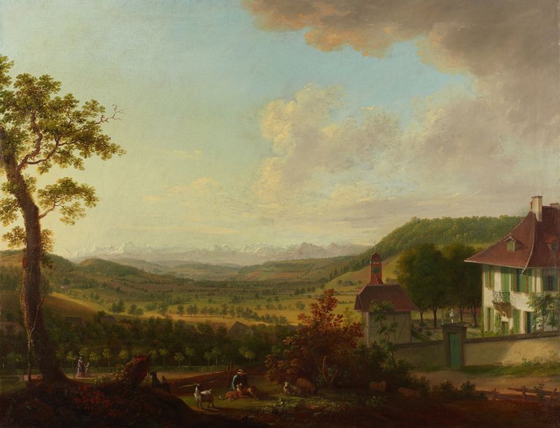 Paisagem de Johann Caspar Ulinger, pintura a óleo que retrata o crepúsculo e a tranquilidade.