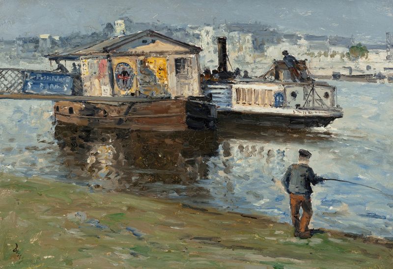 L’embarcadere sur la Seine, óleo sobre lienzo de Frank Myers Boggs, que representa un tranquilo muelle en el río Sena.