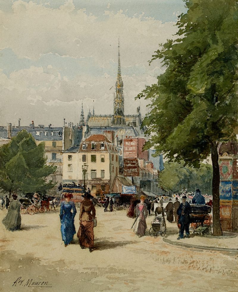 Place Saint-Michel by Henri Laurent Mouren, impressionism, features a Parisian square with a towering spire.