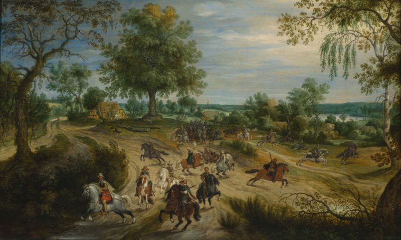 Historical oil painting Skirmish by Sebastian Vrancx depicting a chaotic battle scene