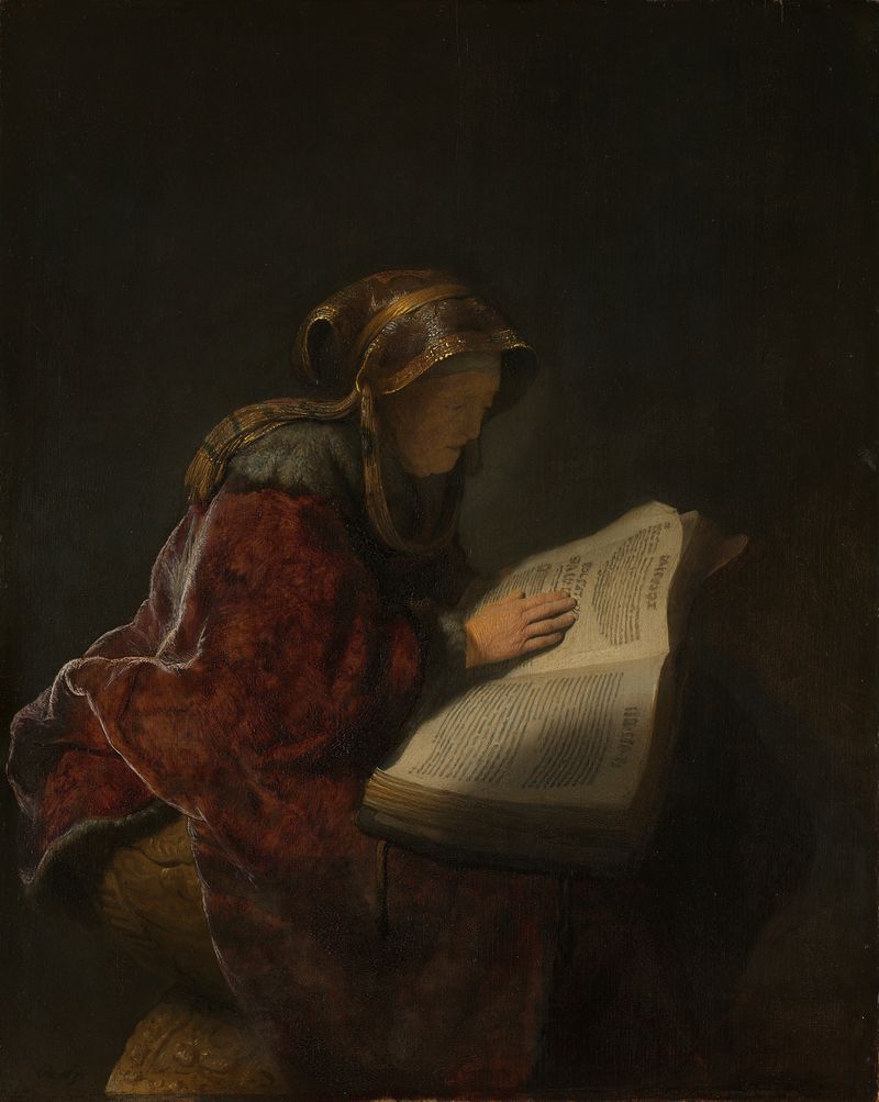 Velha Lendo, Provavelmente a Profetisa Ana, óleo sobre painel de Rembrandt van Rijn