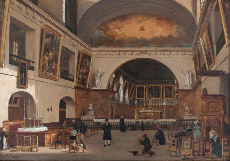 Interior of a church with golden light and intricate carvings, oil painting by Giuseppe Canella