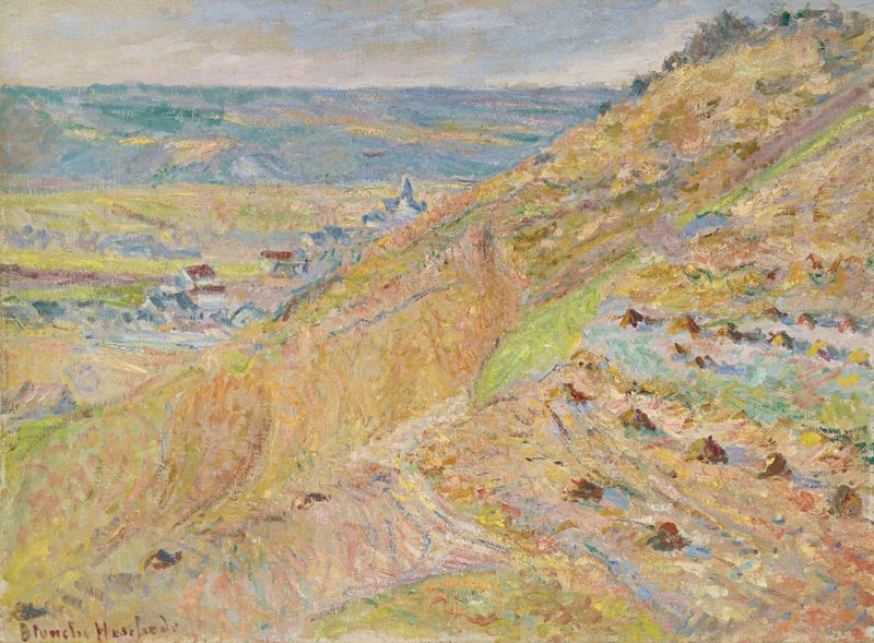 La Côte à Giverny by Blanche Hoschedé-Monet, oil on canvas, depicting a hillside and river under dappled sunlight.