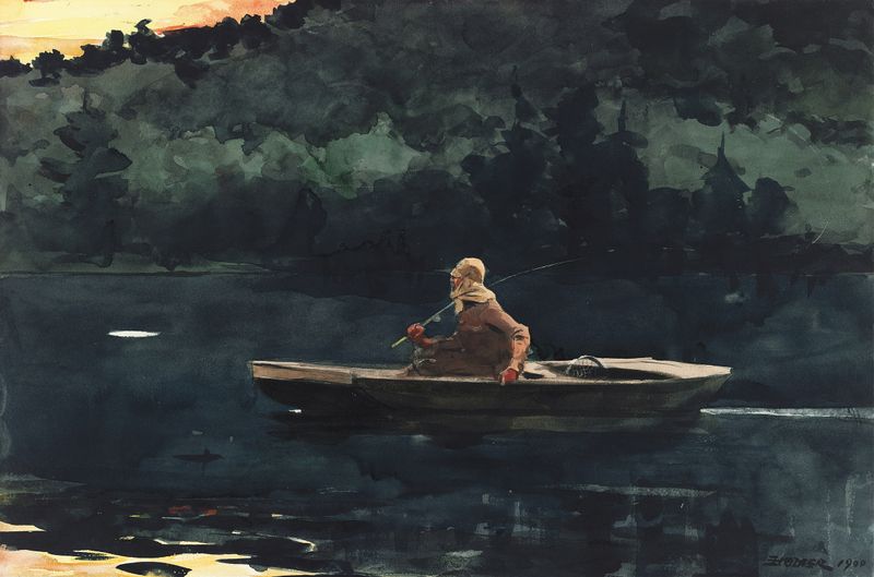 Pintura a óleo de Winslow Homer retratando uma figura solitária contra um mar tempestuoso.