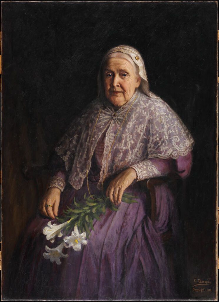 Retrato de Julia Ward Howe por Carnig Eksergian, óleo sobre lienzo con colores vibrantes.