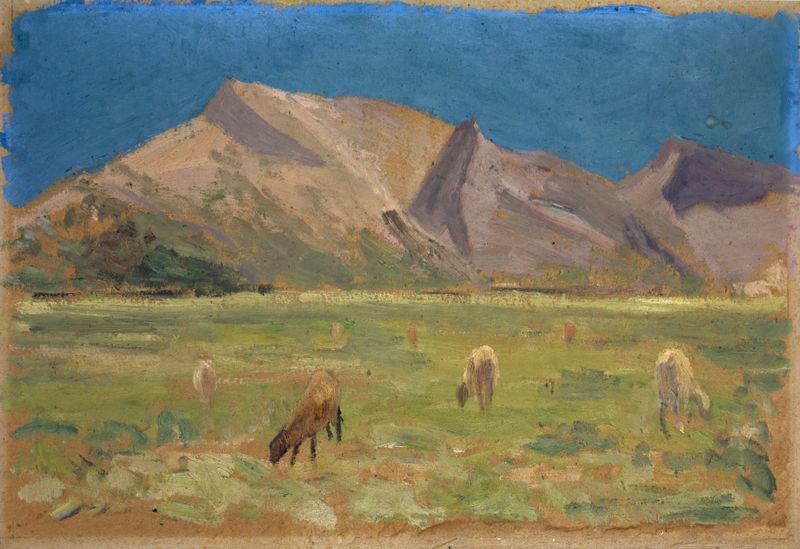 Ovelhas pastando diante de colinas nuas, óleo sobre tela de Ernst Schiess