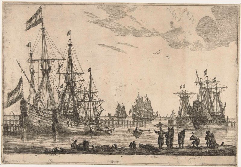 Gravura de Reinier Nooms mostrando quatro barcos à vela no mar