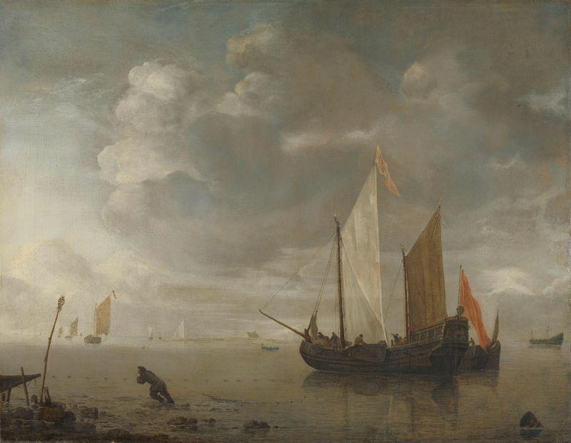 Calm Sea by Hendrick Jacobsz. Dubbels, oil painting depicting gentle waves and a stormy sky.