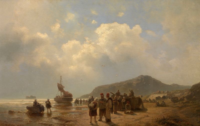Cena costeira com ondas e pôr do sol de Wilhelm Emile Mayer-Rhodius, pintura a óleo