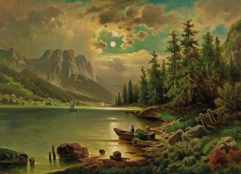 Landscape of Grundlsee lake with mountains by Anton Pick, oil painting.