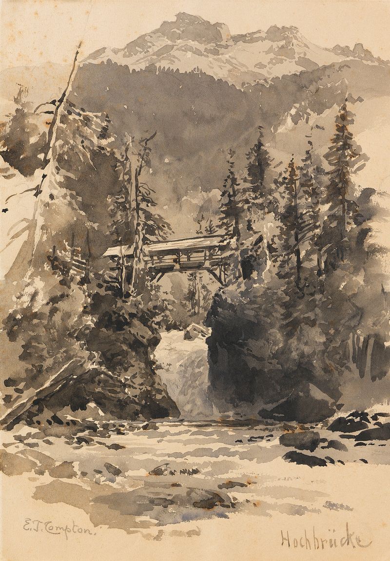 Hochbrücke im Gebirge de Edward Theodore Compton, óleo de un puente sobre un río en montañas.