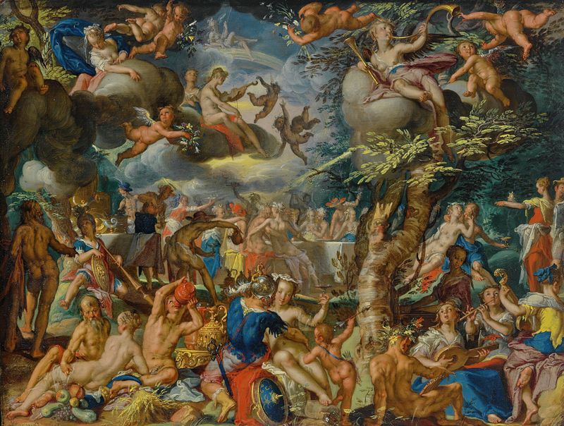Banquet scene with gods, oil painting by Joachim Wtewael