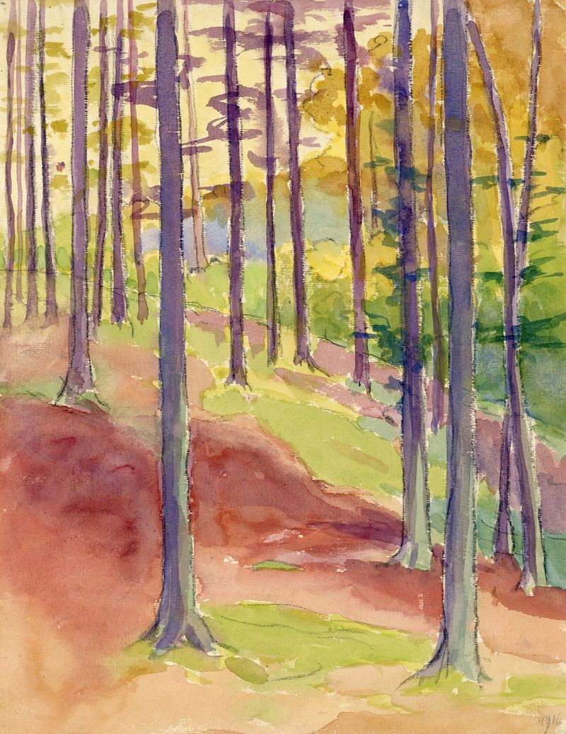 Landschap in aquarel by Albert Daenens, watercolor on paper depicting a river at dawn.