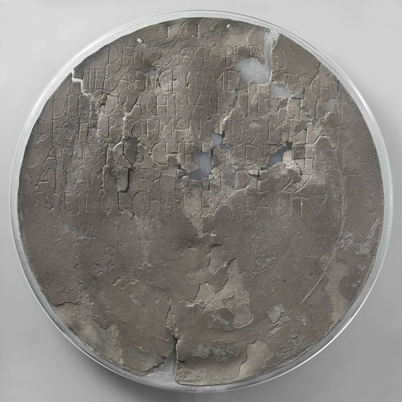 Prato de estanho achatado com inscrições, meio prata, artista desconhecido, 1616