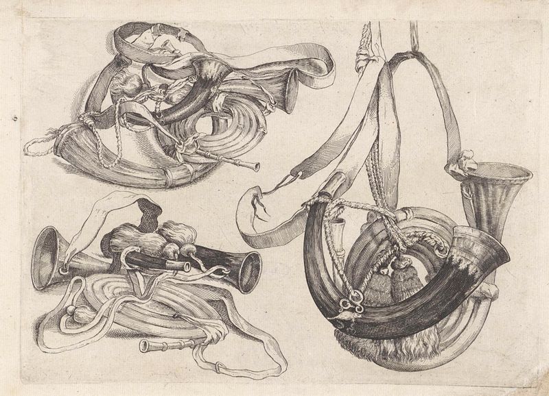 Zeven jachthoornen de Wenceslaus Hollar, gravura de sete chifres de caça.