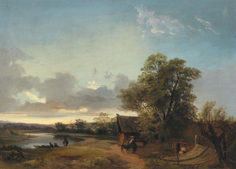 Paisaje de río al atardecer con figuras decorativas de Ignaz Raffalt, pintura al óleo