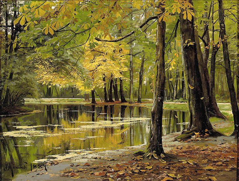 Paisagem de outono com árvores e lago de Peder Mørk Mønsted, pintura a óleo
