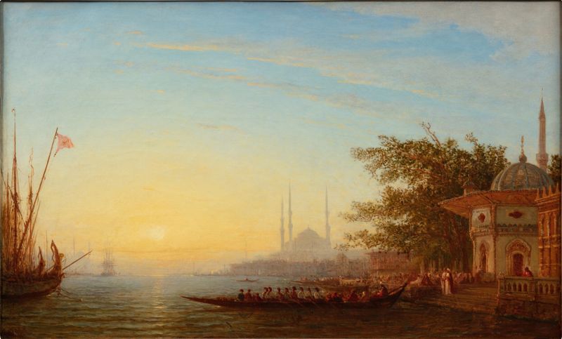 Óleo sobre lienzo de Félix Ziem que representa Santa Sofía con aguas tranquilas y un atardecer.