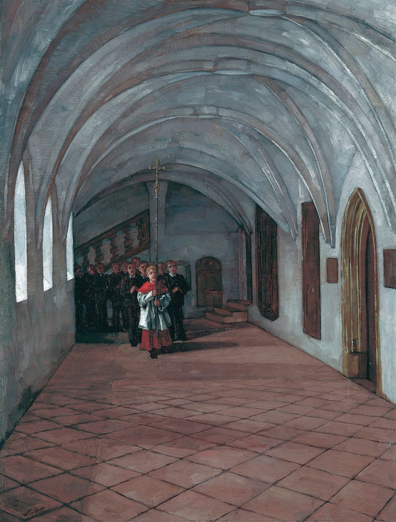 Prozession im Kreuzgang in Seeon, óleo sobre tela de Wilhelm Trübner retratando uma procissão solene com figuras e luz.
