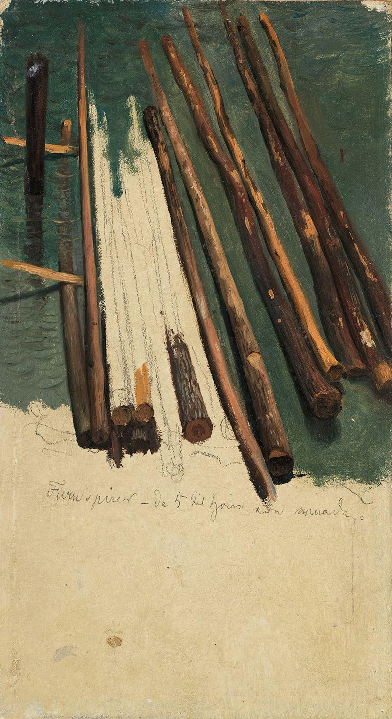Logs at the Beach by Thomas Fearnley, oil on canvas depicting weathered logs on a beach at sunset