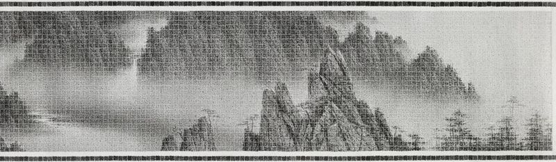 Paisaje en tinta sobre papel de Lee Chun-Yi con montañas y un río