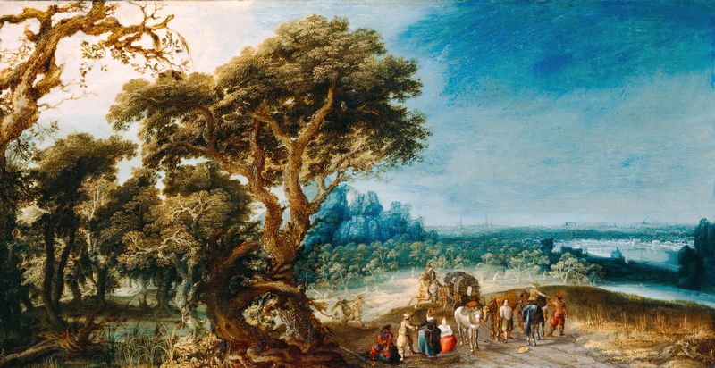 Genre scene depicting a carriage hold-up in a landscape by Jacob van Geel, oil painting