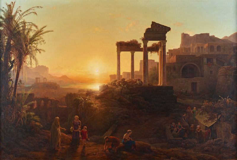 Landschaft mit Sonnenuntergang by Károly Markó, oil on canvas depicting a sunset over a landscape.