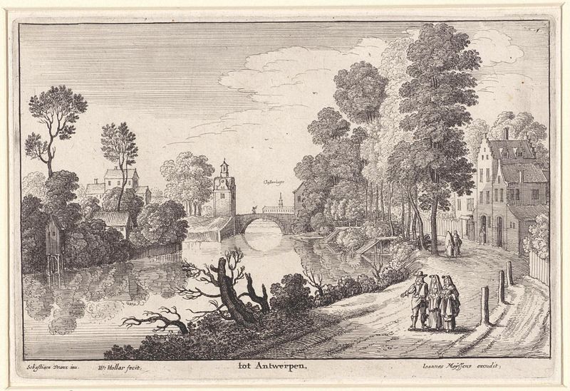 Gravura de Wenceslaus Hollar de figuras caminhando ao lado de um rio em Antuérpia