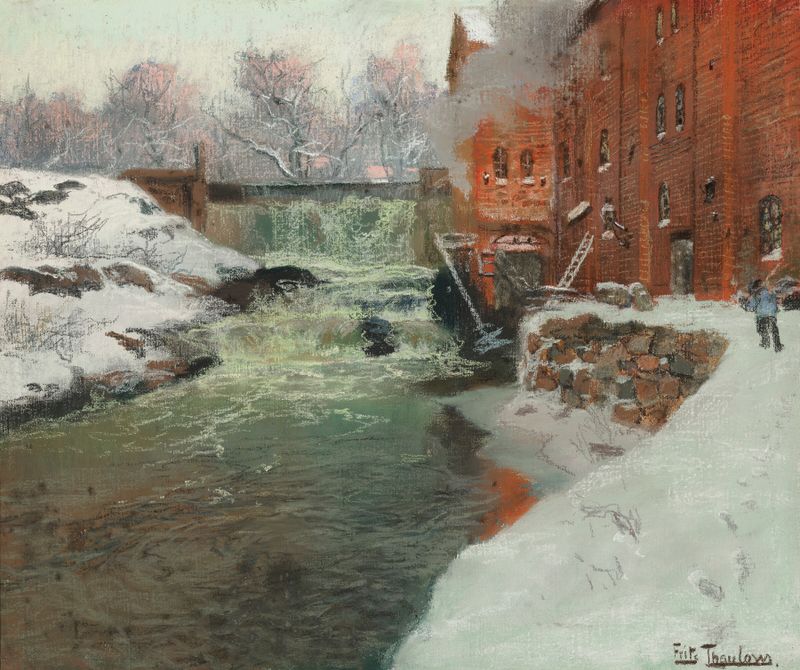 Effet de neige de Frits Thaulow, pintura a óleo de uma paisagem invernal serena com neve suave.