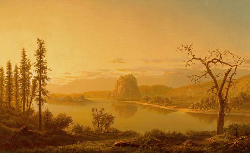 Paisagem do rio Columbia ao amanhecer, pintura a óleo de William L. Marple