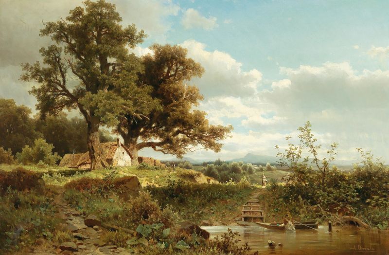 Landscape by Adolf Chwala, oil on canvas, featuring a moody sky over Dachau.
