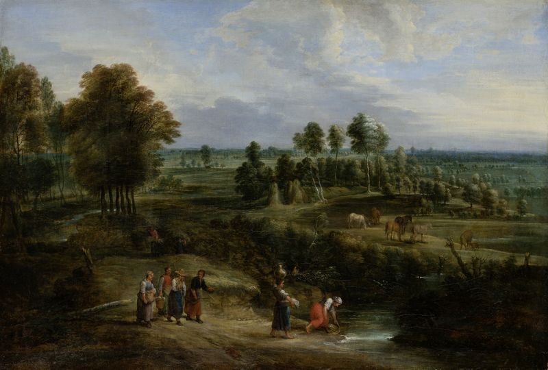 Paisagem com Pastagens e Grupos de Árvores de Lucas van Uden, pintura a óleo que retrata um rio sereno e árvores.