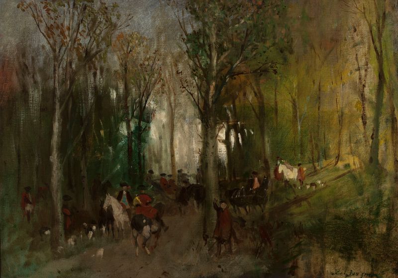 Departure for the Hunt esboço de Maksymilian Gierymski, retratando caçadores em uma paisagem de outono