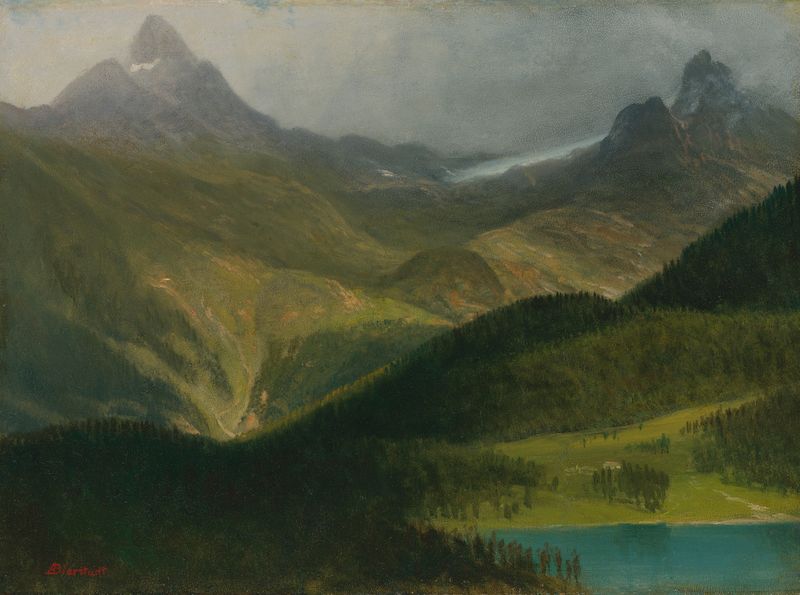 Montanha Paisagem de Albert Bierstadt, pintura a óleo de montanhas serenas e um lago tranquilo.