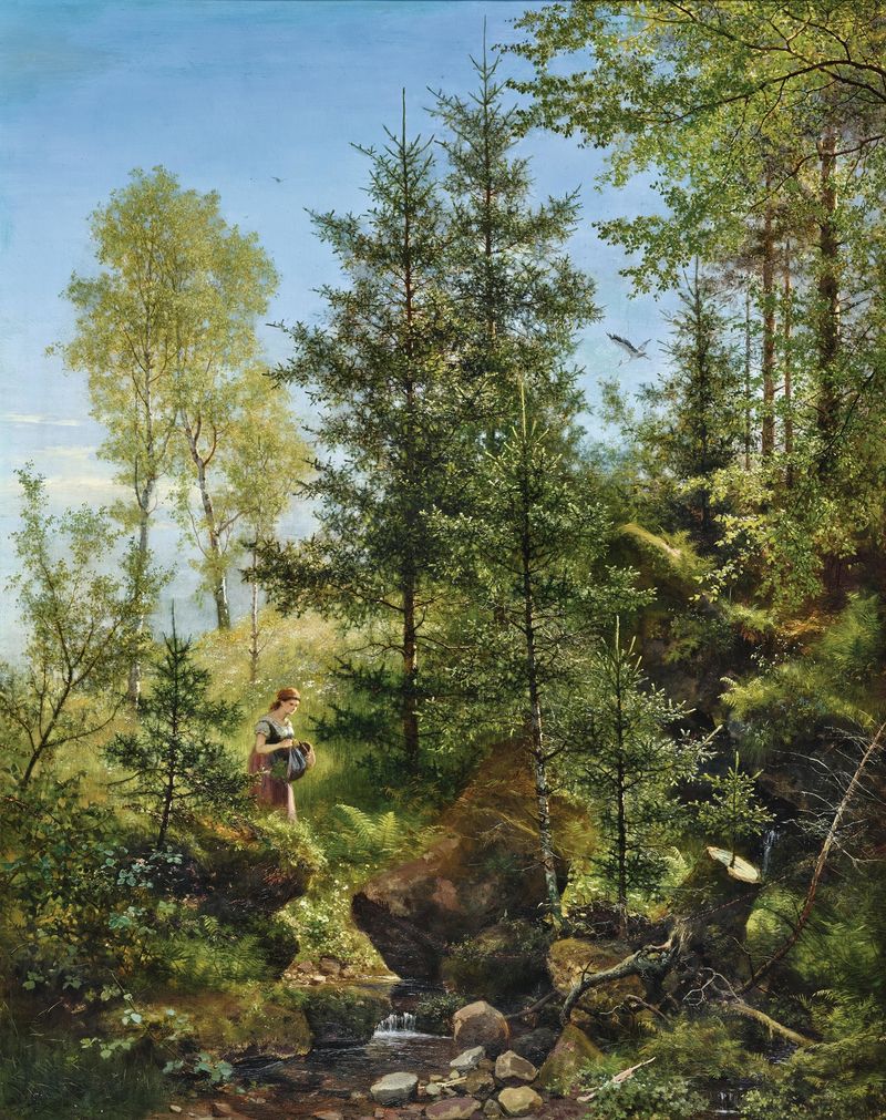 A berry picker by a forest brook, stork between trees, oil on canvas by Eduard Leonhardi