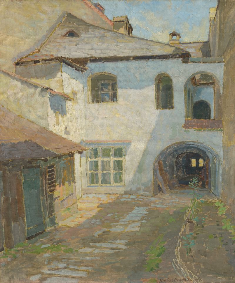 Inside the Yard, oil on canvas by Elemír Halász-Hradil, featuring a wooden bench in a tranquil garden.