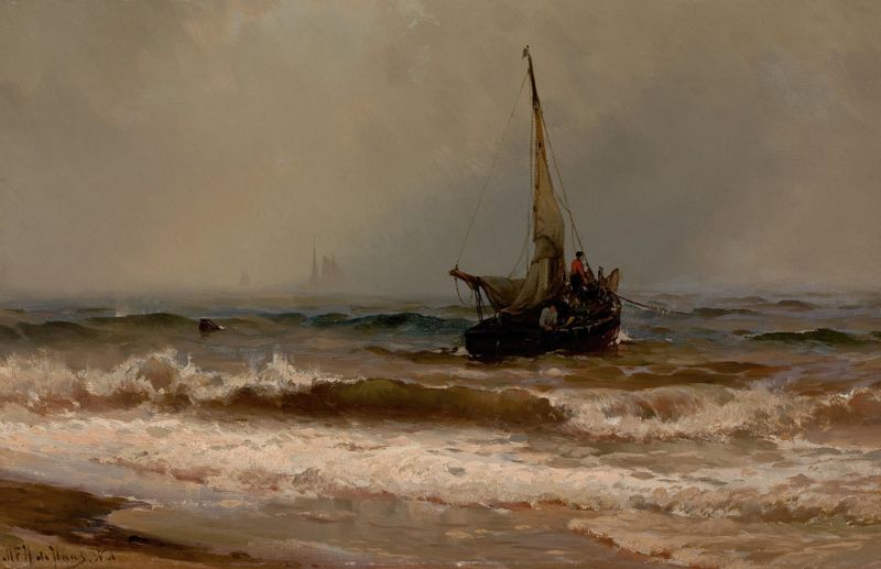 Marine scene with waves and sunlight, oil painting by Mauritz Frederick Hendrick de Haas