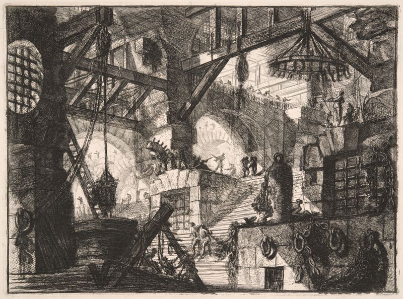 Etching by Giovanni Battista Piranesi depicting an intricate architectural structure.