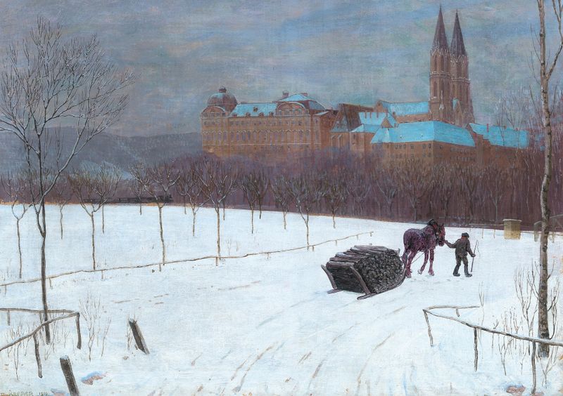 Winter landscape at Klosterneuburg by Max Kahrer, oil on canvas, depicting snow-covered hills and a tranquil scene.