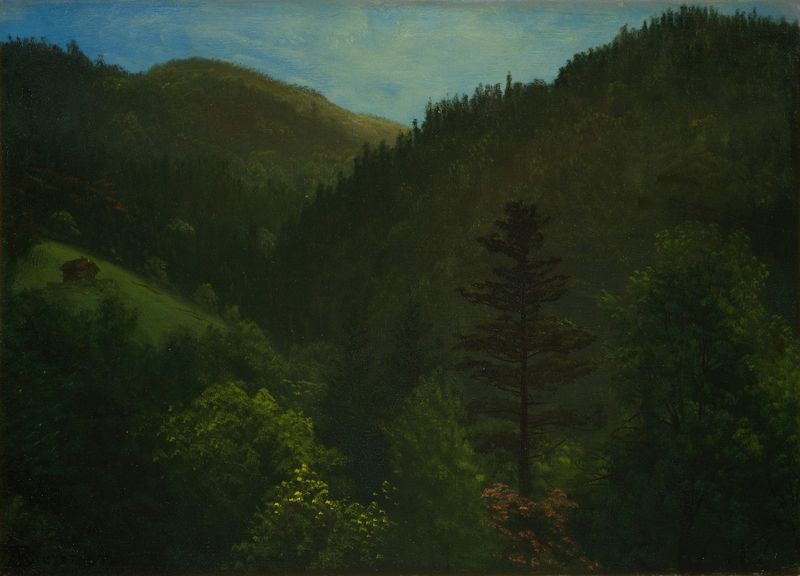 Paisaje boscoso con verdes y azules vibrantes, óleo sobre lienzo de Albert Bierstadt