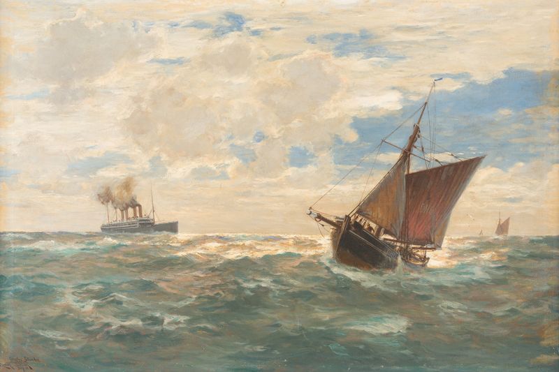 Escena marina con un vapor y veleros en mar abierto de Erwin Carl Wilhelm Günther