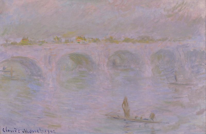Acuarela de Claude Monet que representa Waterloo Bridge en Londres con niebla y luz suave.