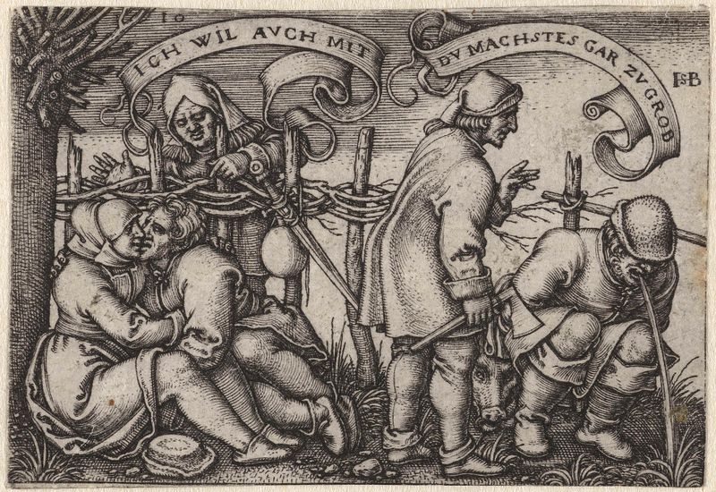 Grabado de Hans Sebald Beham que muestra a una pareja en intimidad rodeada de oscuridad.