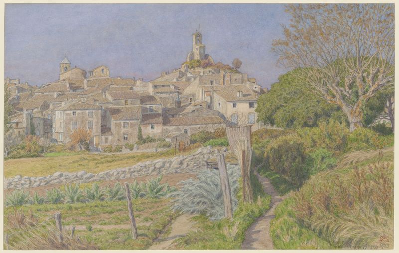Lourmarin litografía de Henri Rivière que representa un paisaje crepuscular tranquilo.
