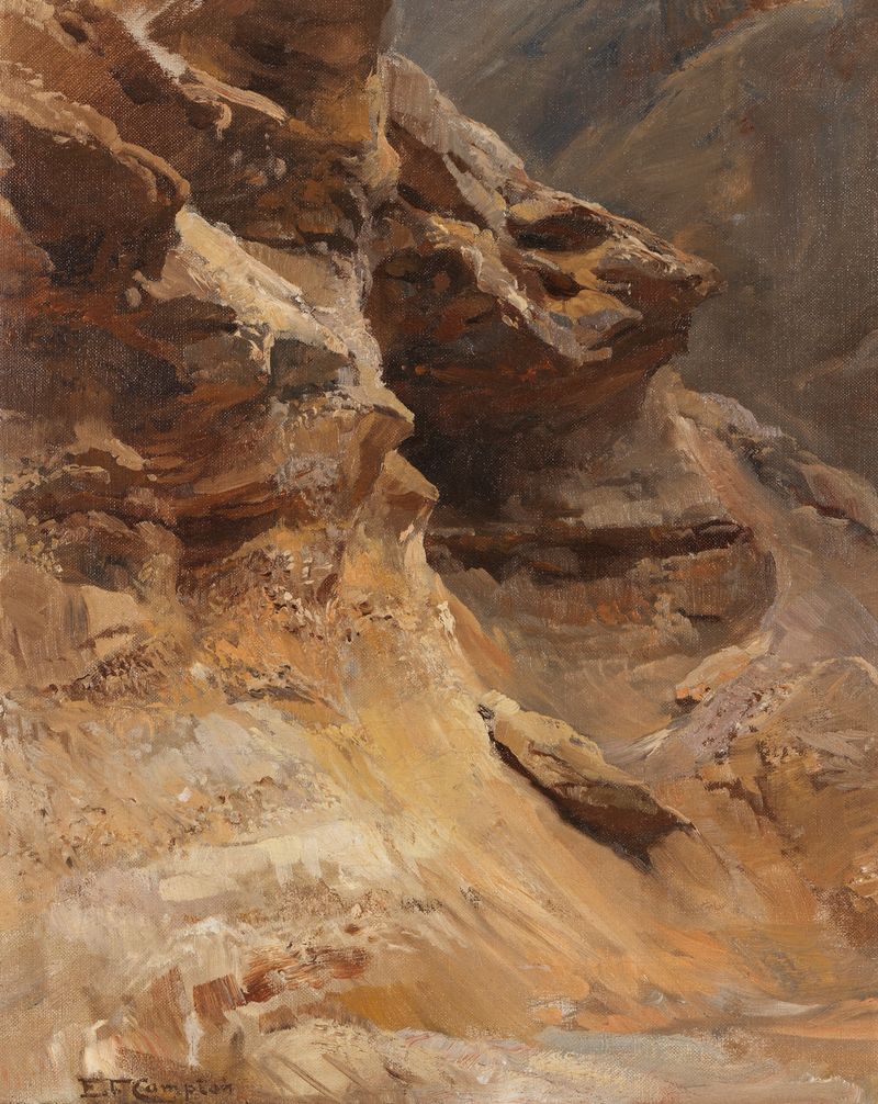 Felsenstudie de Edward Theodore Compton, que representa rocas rugosas iluminadas por luz suave, pintura al óleo