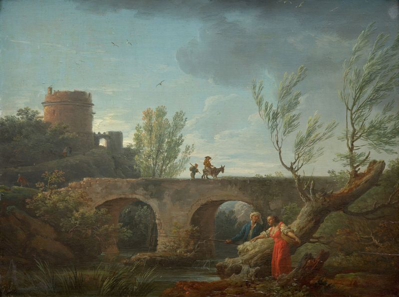 Paisaje al amanecer con luz dorada, óleo sobre lienzo de Joseph Vernet