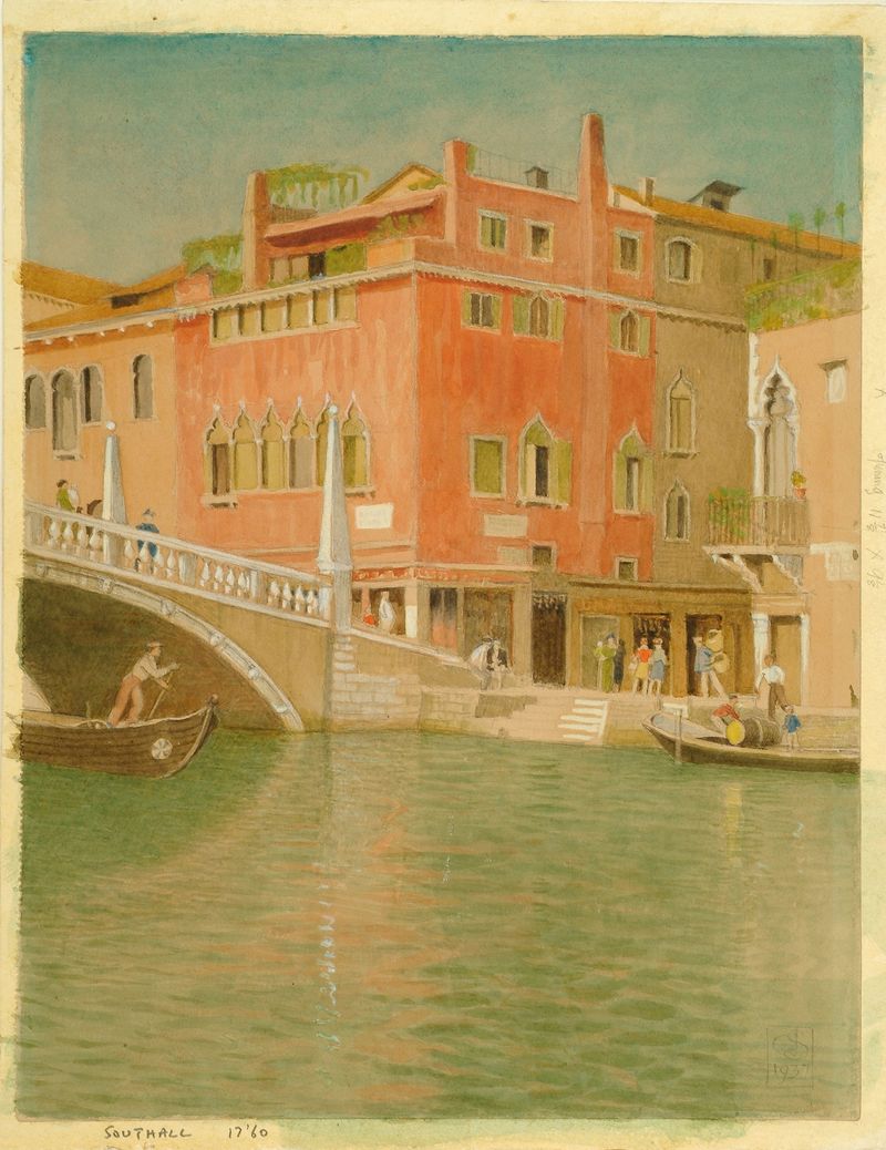 Ponte Cannareggio, Venice, Italy by Joseph Edward Southall, oil painting depicting a canal and bridge at sunset